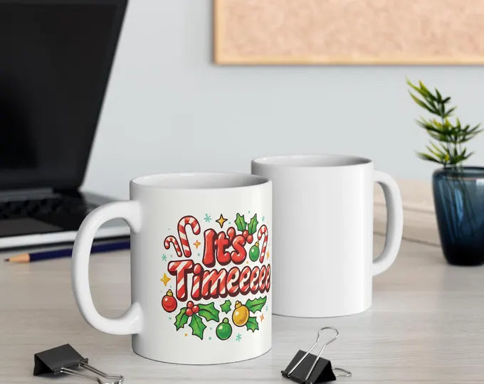 It's Time Holiday Mug | Christmas candy cane holly ornaments